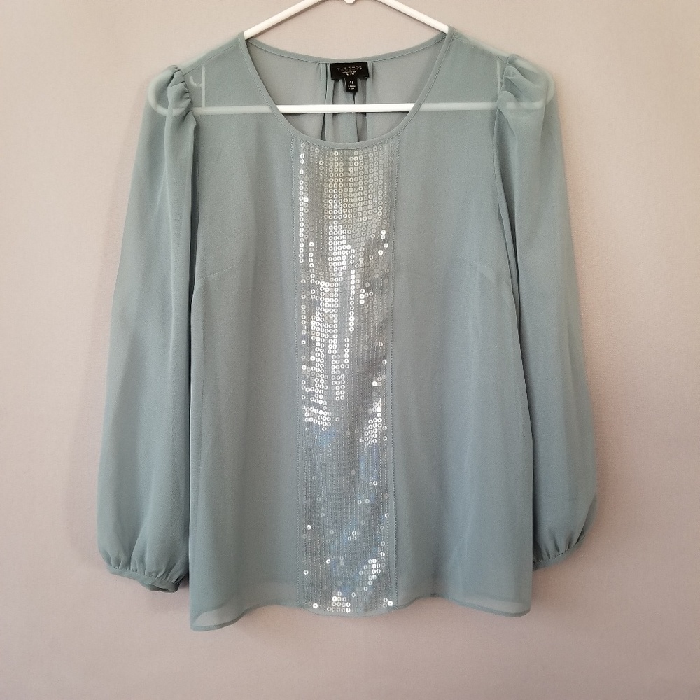X TALBOTS LONG SLEEVE SEQUINS DETAILS SHEER BLOUSE